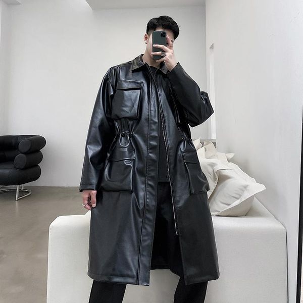 men's fur & faux black leather long trench coat loose casual safari style m43
