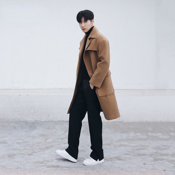 men's casual korean 2021 new winter loose medium length large solid color pocket tweed youth pop ins windbreaker coat, Black 
men's casual korean 2021 new winter loose medium length large solid color pocket tweed youth pop ins windbreaker coat, Black