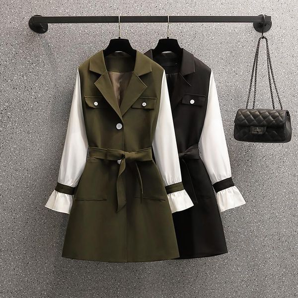casual dresses plus size office ladies elegant long sleeve patchwork fake two pieces blazer korean notched high waist vestidos, Black;gray
casual dresses plus size office ladies elegant long sleeve patchwork fake two pieces blazer korean notched high waist vestidos, Black;gray