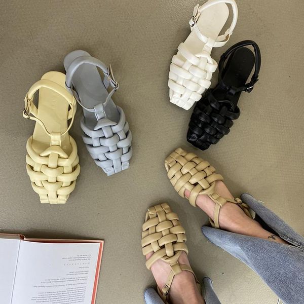 sandals summer 2021 women retro woven casual flat comfortable street shoes, Black