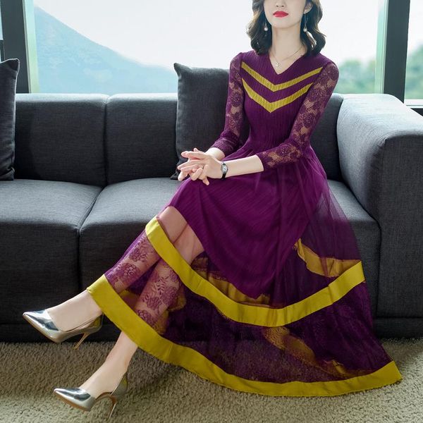 casual dresses lace patchwork miyak pleated mesh midi dress women v-neck high waist elegant plus size slim party ladies korean vestidos, Black;gray 
casual dresses lace patchwork miyak pleated mesh midi dress women v-neck high waist elegant plus size slim party ladies korean vestidos, Black;gray