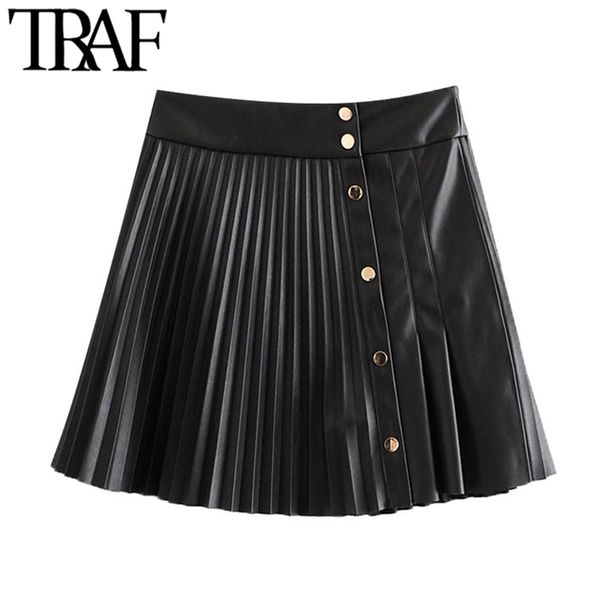 women chic fashion pleated faux leather mini skirt vintage with metal snap buttons female skirts mujer 210507, Black
women chic fashion pleated faux leather mini skirt vintage with metal snap buttons female skirts mujer 210507, Black