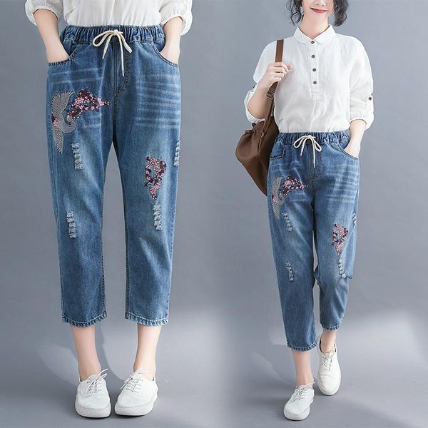 women's jeans 6306 summer calf-length retro classical bird pattern embroidery cowboy casual elegant temperament denim trousers, Blue
women's jeans 6306 summer calf-length retro classical bird pattern embroidery cowboy casual elegant temperament denim trousers, Blue