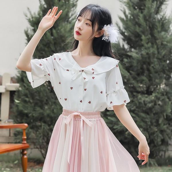 women's t-shirt sweet kawaii shirt women 2021 summer bowknot doll collar and cute love print japanese soft lolita, White
women's t-shirt sweet kawaii shirt women 2021 summer bowknot doll collar and cute love print japanese soft lolita, White