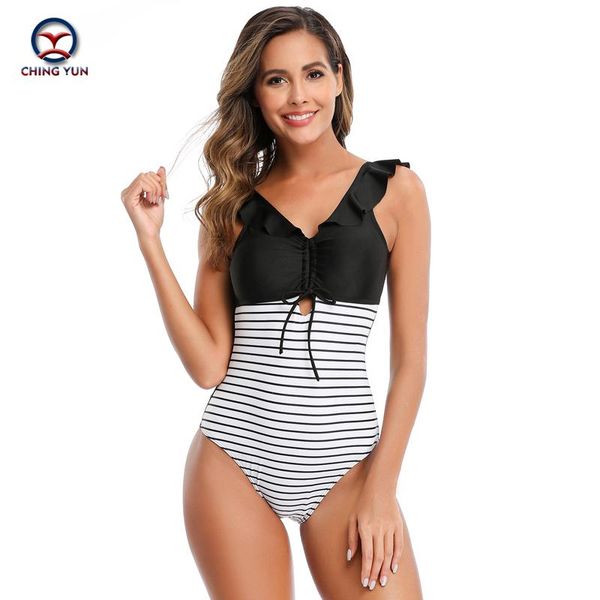 2021 women's summer swimsuit beach single deep v-neck striped one-piece suits 
2021 women's summer swimsuit beach single deep v-neck striped one-piece suits