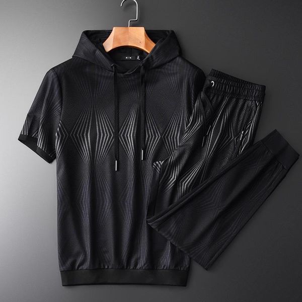 gradient geometric print hooded short-sleeved suit male middle-aged summer light and smooth leisure sports two-piece men's tracksuits, Gray
gradient geometric print hooded short-sleeved suit male middle-aged summer light and smooth leisure sports two-piece men's tracksuits, Gray