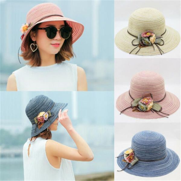 est anti-uv women lady's straw woven floral bowler boater sun hat round flat caps wide brim summer foldable hats, Blue;gray 
est anti-uv women lady's straw woven floral bowler boater sun hat round flat caps wide brim summer foldable hats, Blue;gray