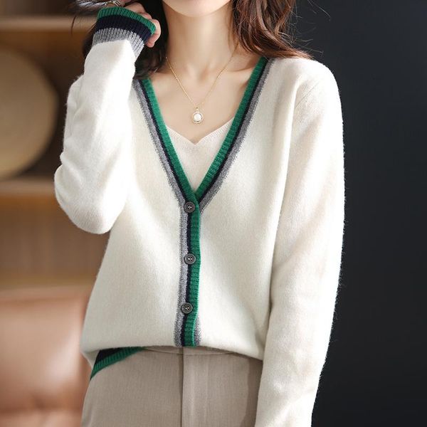 women's knits & tees autumn and winter style retro color matching v-neck knitted cardigan outer elegant korean fashion jacket sweater, White
women's knits & tees autumn and winter style retro color matching v-neck knitted cardigan outer elegant korean fashion jacket sweater, White