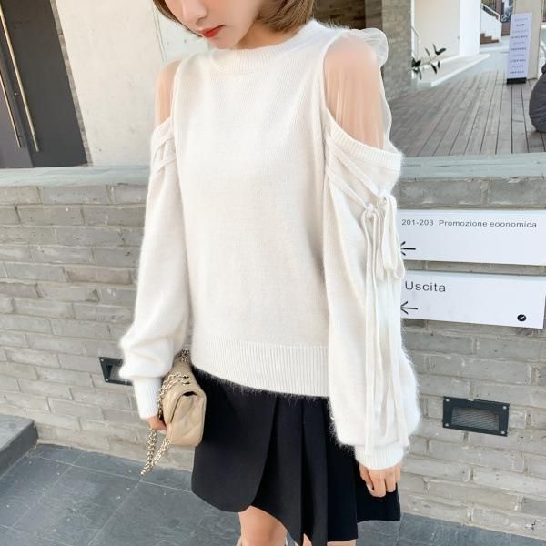 women's sweaters ladies see-through tulle stitching cold shoulders knit pullover sweater jumper top, White;black
women's sweaters ladies see-through tulle stitching cold shoulders knit pullover sweater jumper top, White;black