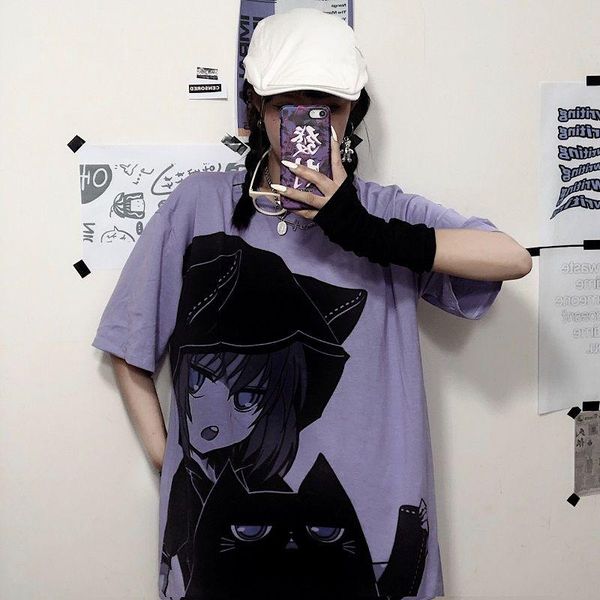 women's t-shirt short sleeve female summer korean retro cartoon print loose medium length purple top, White
women's t-shirt short sleeve female summer korean retro cartoon print loose medium length purple top, White