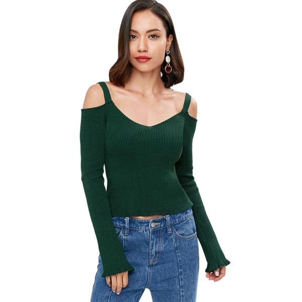 women's sweaters v neck cold shouler ribbed knit sweater, White;black