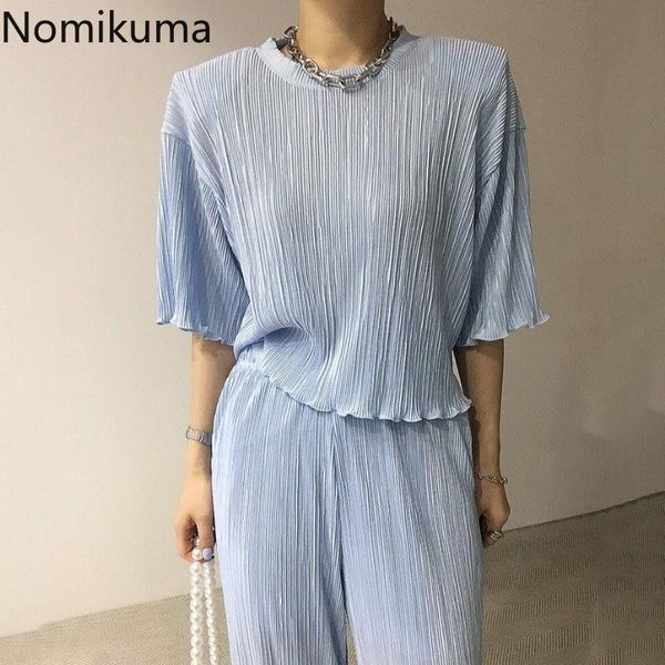 women's two piece pants nomikuma solid color casual suit vetement femme o neck short sleeve high waist wide leg korean women set, White
women's two piece pants nomikuma solid color casual suit vetement femme o neck short sleeve high waist wide leg korean women set, White