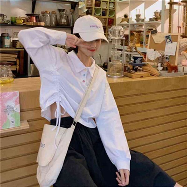casual loose button line fashion turn down collar short design white long sleeve women t-shirts 210522
casual loose button line fashion turn down collar short design white long sleeve women t-shirts 210522