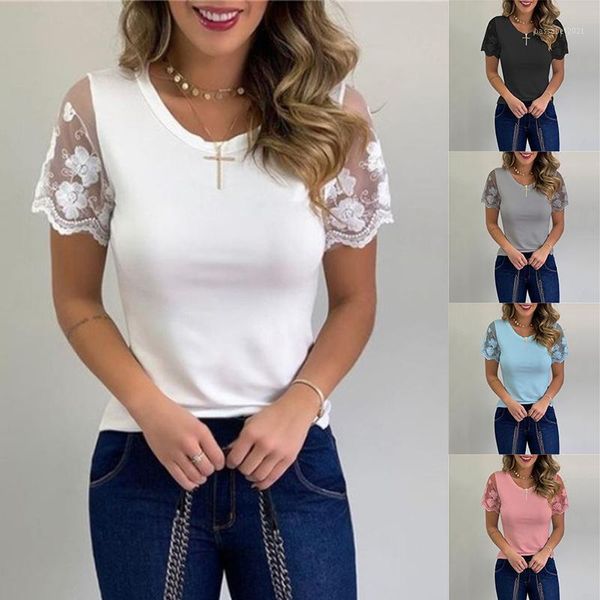 women's t-shirt lace short sleeve summer round neck solid color pullover camiseta de mujer, White
women's t-shirt lace short sleeve summer round neck solid color pullover camiseta de mujer, White