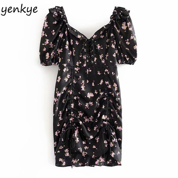 vintage black floral print dress women lace up v neck drawstring draped bodycon lady summer ruffle mini party vestido 210514, Black;gray 
vintage black floral print dress women lace up v neck drawstring draped bodycon lady summer ruffle mini party vestido 210514, Black;gray