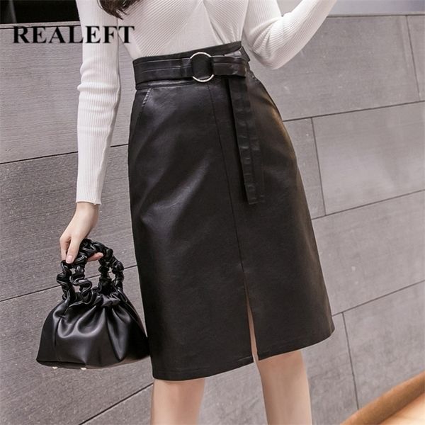 realeft new autumn winter black pu leather women midi skirts with belt high waist chic front split sheath wrap skirt pocket 210319 
realeft new autumn winter black pu leather women midi skirts with belt high waist chic front split sheath wrap skirt pocket 210319