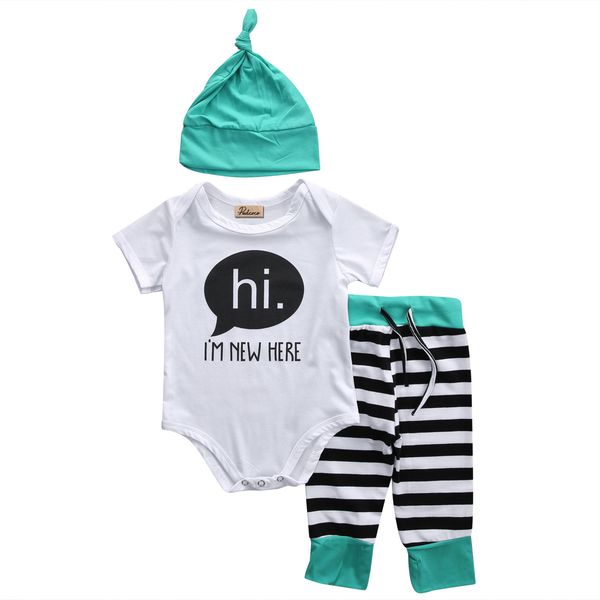 3 pieces hi im here short sleeve bodysuit and stripe pant with hat set for baby boy, White
3 pieces hi im here short sleeve bodysuit and stripe pant with hat set for baby boy, White