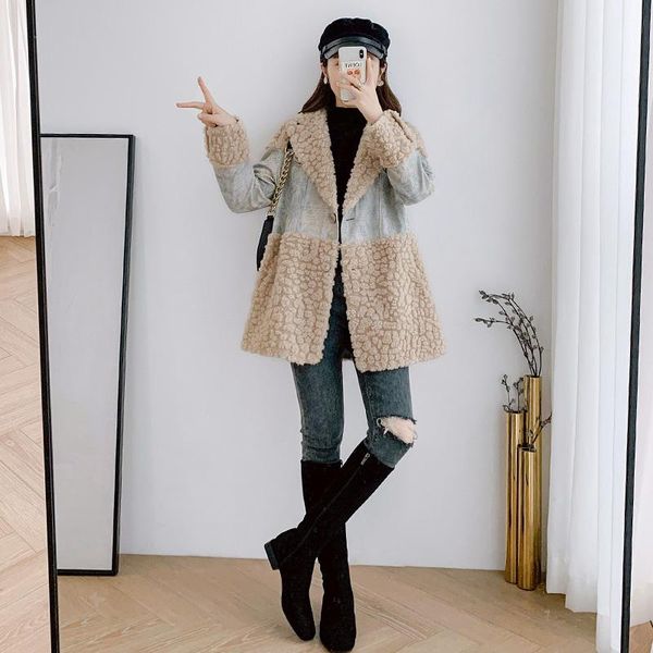 women's fur & faux genuine wool coat koeran female jacket oversized fashion denim coats vetement femme zjt1428, Black
women's fur & faux genuine wool coat koeran female jacket oversized fashion denim coats vetement femme zjt1428, Black