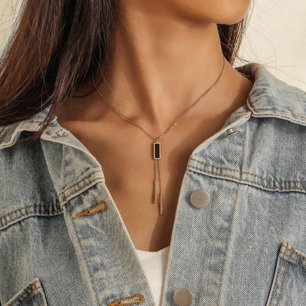 pendant necklaces ins fashion stainless steel geometric rectangular necklace black dripping square tassel for women, Silver 
pendant necklaces ins fashion stainless steel geometric rectangular necklace black dripping square tassel for women, Silver