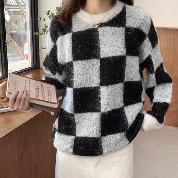 women's sweaters autumn clothes korea ladies sweater checkerboard pattern round neck retro lazy style female loose outer wear casual pu, White;black
women's sweaters autumn clothes korea ladies sweater checkerboard pattern round neck retro lazy style female loose outer wear casual pu, White;black
