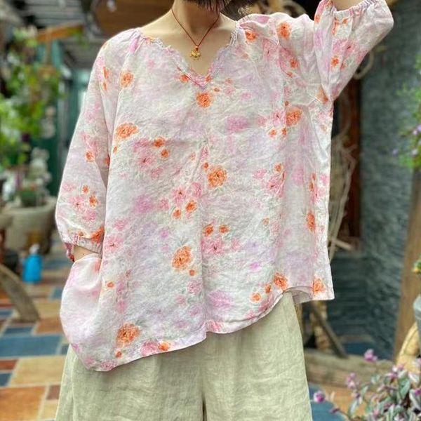women's blouses & shirts fairynatural ramie ladies vintage print flower thin v-neck 2021 summer autumn women loose retro half sleeve, White
women's blouses & shirts fairynatural ramie ladies vintage print flower thin v-neck 2021 summer autumn women loose retro half sleeve, White