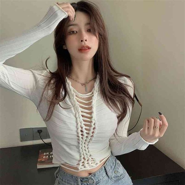 knitwear women's summer design sense niche hollow strap short trim white sunscreen long-sleeved t shirts 210529
knitwear women's summer design sense niche hollow strap short trim white sunscreen long-sleeved t shirts 210529