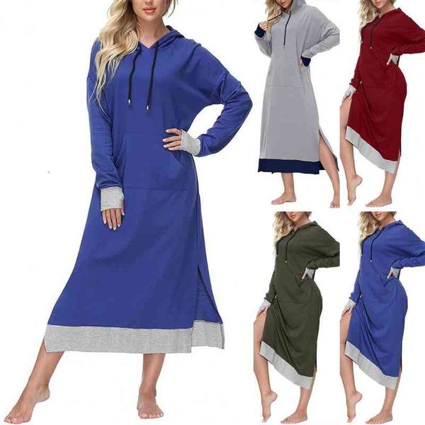 streetwear stylish contrast color patchwork side split dress women hooded dress long for party, Black;gray 
streetwear stylish contrast color patchwork side split dress women hooded dress long for party, Black;gray