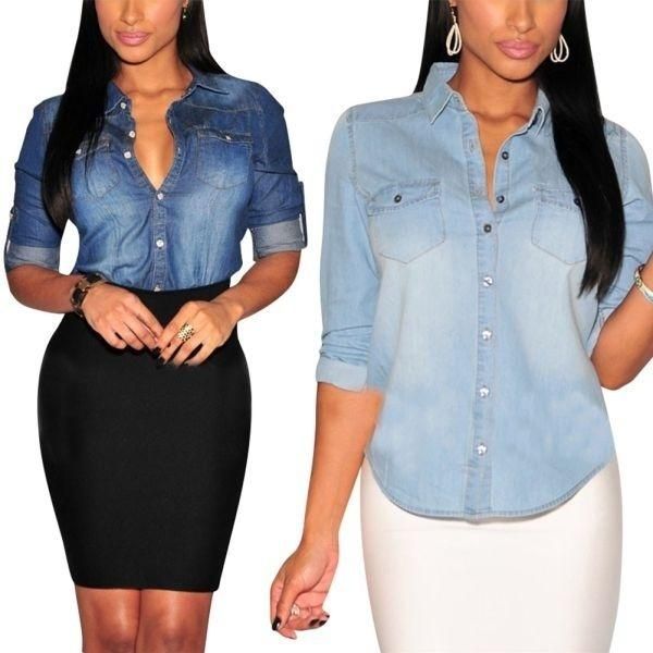 women fitted slim jean denim coat shirt blouse long sleeve lapel jacket women's blouses & shirts, White
women fitted slim jean denim coat shirt blouse long sleeve lapel jacket women's blouses & shirts, White