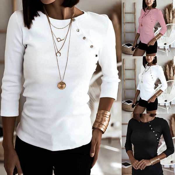 fashion women solid t-shirts casual patchwork side metal button decor o-neck long sleeve pullover spring autumn slim ladies 210526, White
fashion women solid t-shirts casual patchwork side metal button decor o-neck long sleeve pullover spring autumn slim ladies 210526, White