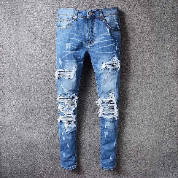 2022 tikmens jeans distressed motorcycle biker jean rock skinny slim ripped hole stripe fashionable snake embroidery denim pants #513, Blue