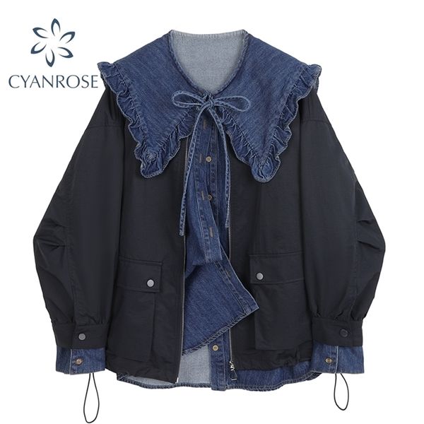 2 pieces sets women blue lace up sailor collar cardigan denim blouses+black zip-up coat jacket all-match spring outfits 210515, Black;brown
2 pieces sets women blue lace up sailor collar cardigan denim blouses+black zip-up coat jacket all-match spring outfits 210515, Black;brown