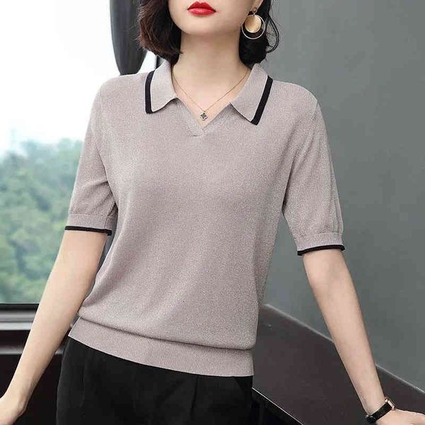 women's t-shirt turn-down collar bright silk knitted short sleeve women plus size knitwear casual summer loose solid tees fem, White
women's t-shirt turn-down collar bright silk knitted short sleeve women plus size knitwear casual summer loose solid tees fem, White