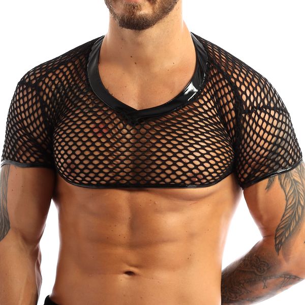 Mens Lngerie Fishnet Mesh Tank Top Short Sleeve V-neckline Hem Trimmed in Faux Patent Leather Vest Erotic Sexy Muscle Crop Top, Black;white
Mens Lngerie Fishnet Mesh Tank Top Short Sleeve V-neckline Hem Trimmed in Faux Patent Leather Vest Erotic Sexy Muscle Crop Top, Black;white