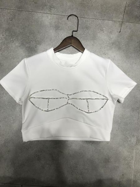 net red same style 2021 spring and summer new round neck inlaid with diamond pattern short sleeve watch out machine short open navel, White