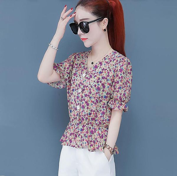 women spring summer style chiffon blouses shirts lady casual v-neck short lantern sleeve flower printed blusas dd8887 women's &, White
women spring summer style chiffon blouses shirts lady casual v-neck short lantern sleeve flower printed blusas dd8887 women's &, White