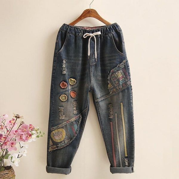 women's jeans autumn art style vintga embroidery casual harem pants elastic waist patchwork design loose cotton woman ripped a13, Blue
women's jeans autumn art style vintga embroidery casual harem pants elastic waist patchwork design loose cotton woman ripped a13, Blue