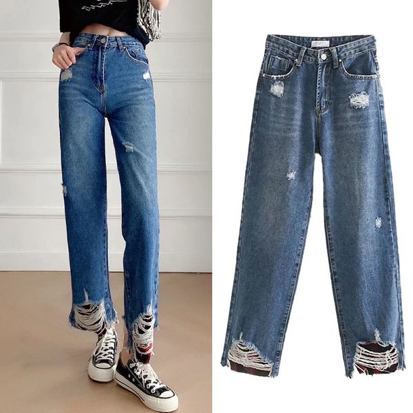 women's jeans summer streetwear highwaisted female breeches the ripped straight pants high-waisted casual xthe, Blue
women's jeans summer streetwear highwaisted female breeches the ripped straight pants high-waisted casual xthe, Blue