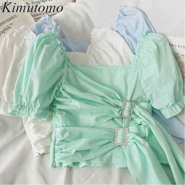 kimutomo summer fungus women shirts blouses korean puff sleeve square collar chic button clothes female slim elegant 210521, White 
kimutomo summer fungus women shirts blouses korean puff sleeve square collar chic button clothes female slim elegant 210521, White