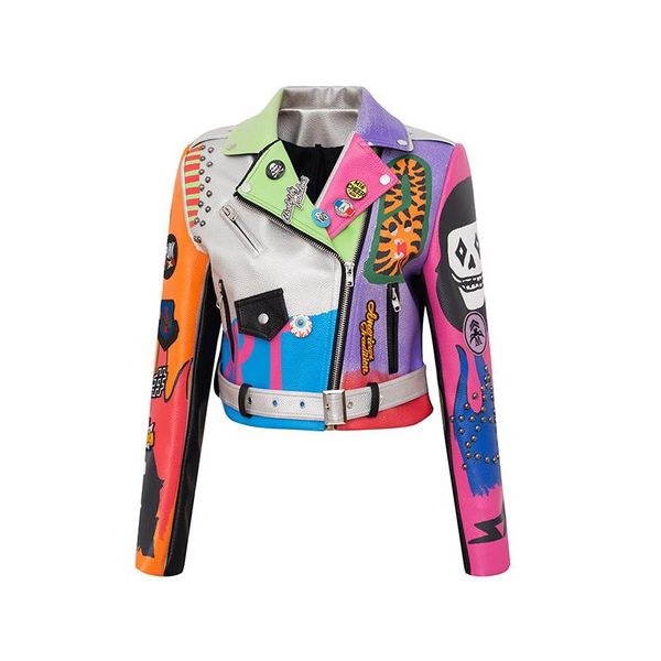 women's jackets graffiti printing colorful pu leather jacket for women black studded motor biker punk coat, Black;brown
women's jackets graffiti printing colorful pu leather jacket for women black studded motor biker punk coat, Black;brown