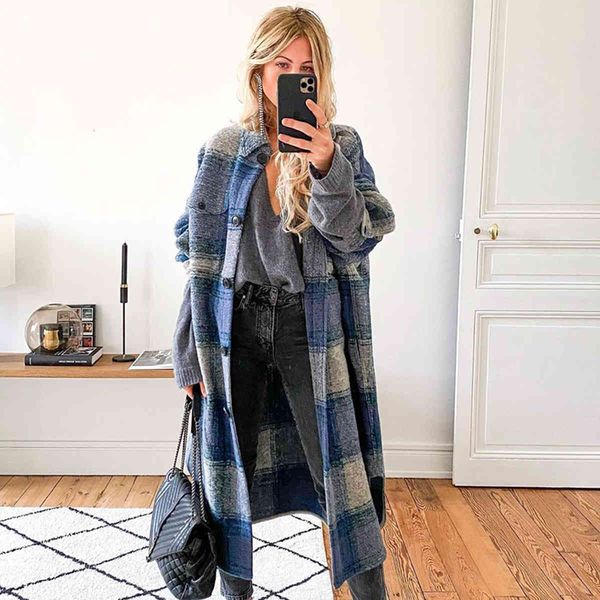 women's wool & blends blue plaid pockets en cloth coat women autumn winter turn down collar button jacket casual vintage long overcoat, Black
women's wool & blends blue plaid pockets en cloth coat women autumn winter turn down collar button jacket casual vintage long overcoat, Black