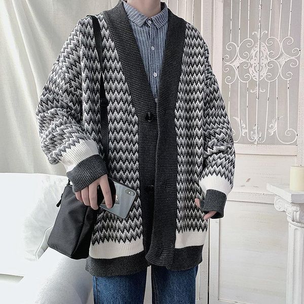 men's sweaters autumn and winter sweater loose trend plaid cardigan couple's men, White;black
men's sweaters autumn and winter sweater loose trend plaid cardigan couple's men, White;black