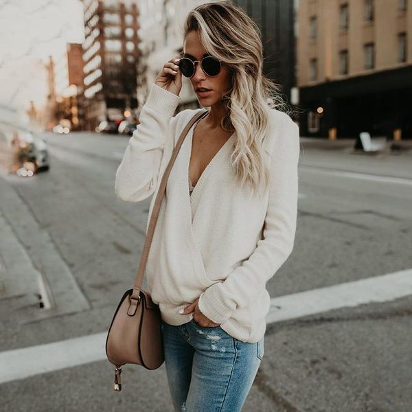 women's sweaters 2021 european and american autumn winter fashion casual sweater v-neck velvet stitching crossover women, White;black
women's sweaters 2021 european and american autumn winter fashion casual sweater v-neck velvet stitching crossover women, White;black