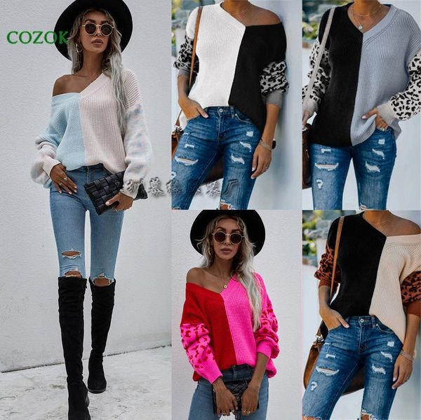 women's sweaters easing of fund 2021 autumn winters v-neck sweater splicing leopard pullovers women, White;black
women's sweaters easing of fund 2021 autumn winters v-neck sweater splicing leopard pullovers women, White;black