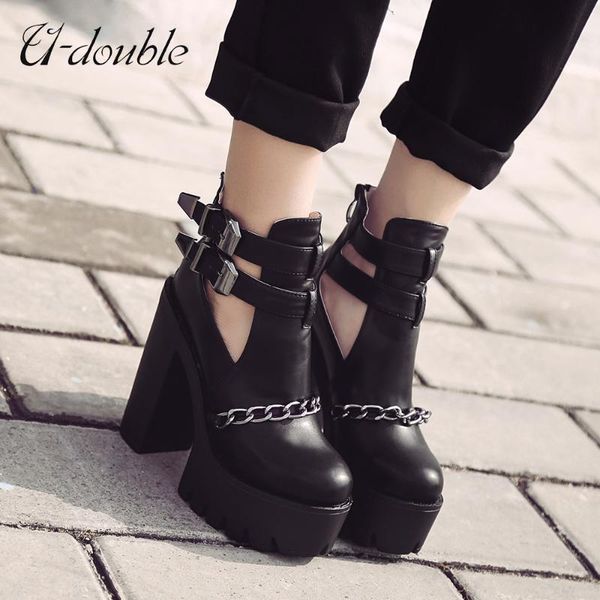 dress shoes u-double brand autumn fashion ankle boots for women high heels punk sandals cut-outs buckle round toe chain platform, Black
dress shoes u-double brand autumn fashion ankle boots for women high heels punk sandals cut-outs buckle round toe chain platform, Black