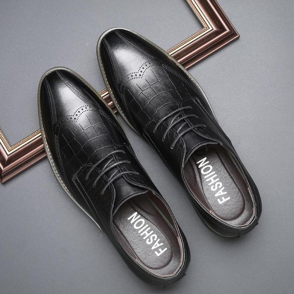 dress shoes men brogue pointed toe lace up wedding m697, Black