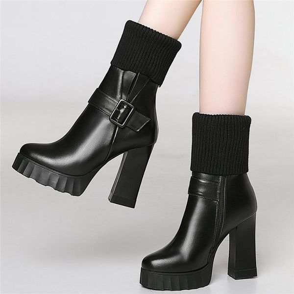 boots high winter shoes women genuine leather heel motorcycle female knitting round toe chunky platform pumps, Black
boots high winter shoes women genuine leather heel motorcycle female knitting round toe chunky platform pumps, Black
