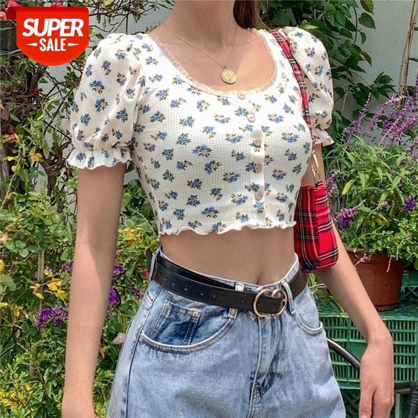 women summer floral printed t-shirt puff sleeve u-neck buttons slim exposed navel shirt ladies fashion sweet clothes #ud1q, White
women summer floral printed t-shirt puff sleeve u-neck buttons slim exposed navel shirt ladies fashion sweet clothes #ud1q, White