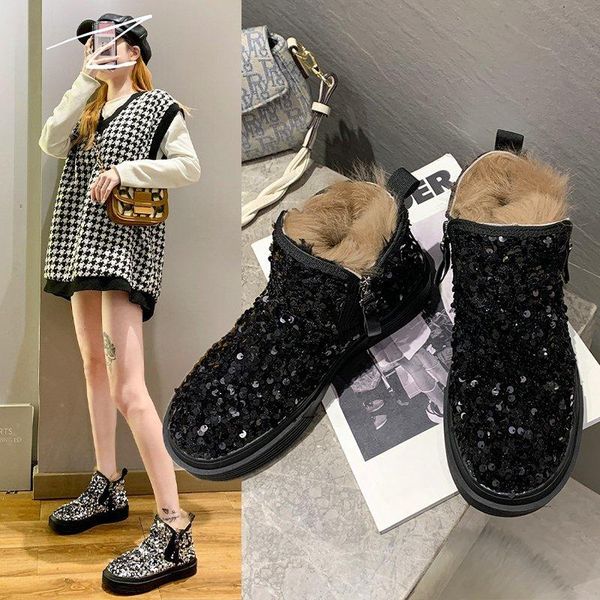 boots sequined giltter women's snow warm winter fur mid calf leather plush platform casual waterproof shoes female flat, Black
boots sequined giltter women's snow warm winter fur mid calf leather plush platform casual waterproof shoes female flat, Black