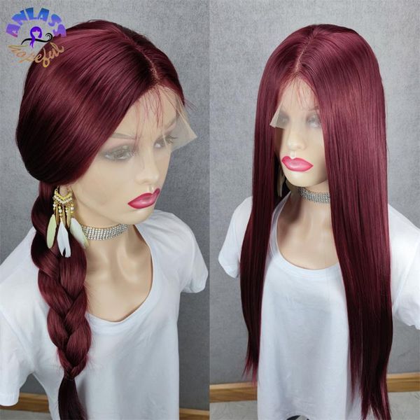synthetic wigs natural wine red color lace front wig silky straight middle part 99j syntheitc for women cosplay party can be braided, Black 
synthetic wigs natural wine red color lace front wig silky straight middle part 99j syntheitc for women cosplay party can be braided, Black