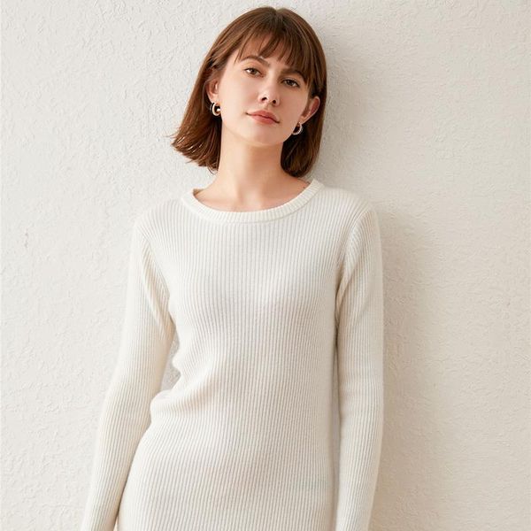 women's polos mid-length sweater autumn and winter round neck dress long sleeve slim knit wool base shirt women, White 
women's polos mid-length sweater autumn and winter round neck dress long sleeve slim knit wool base shirt women, White